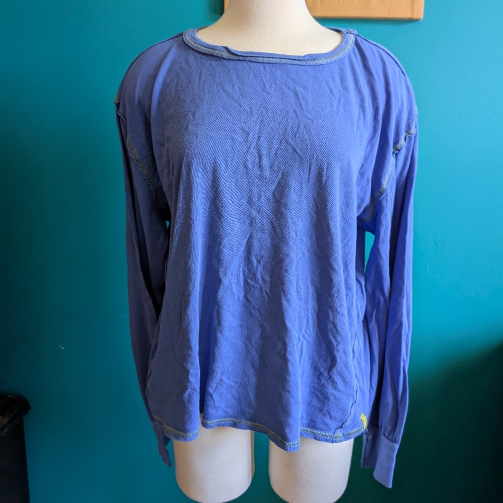 Free People Scoop Neck Long Sleeve Oversized Tee Blue Exposed Hem Large